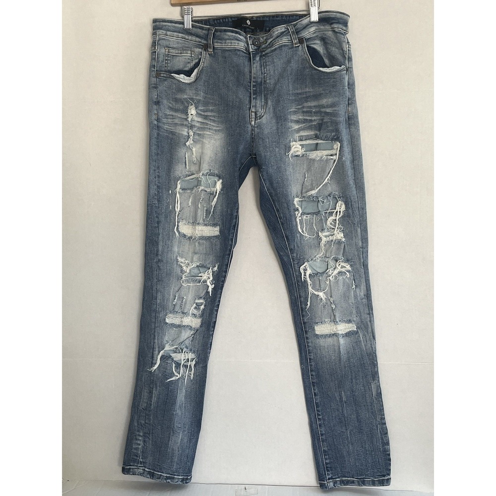 Focus Jeans Mens 38x32 Blue Denim Distressed Destroyed Frayed Ripped Low Rise